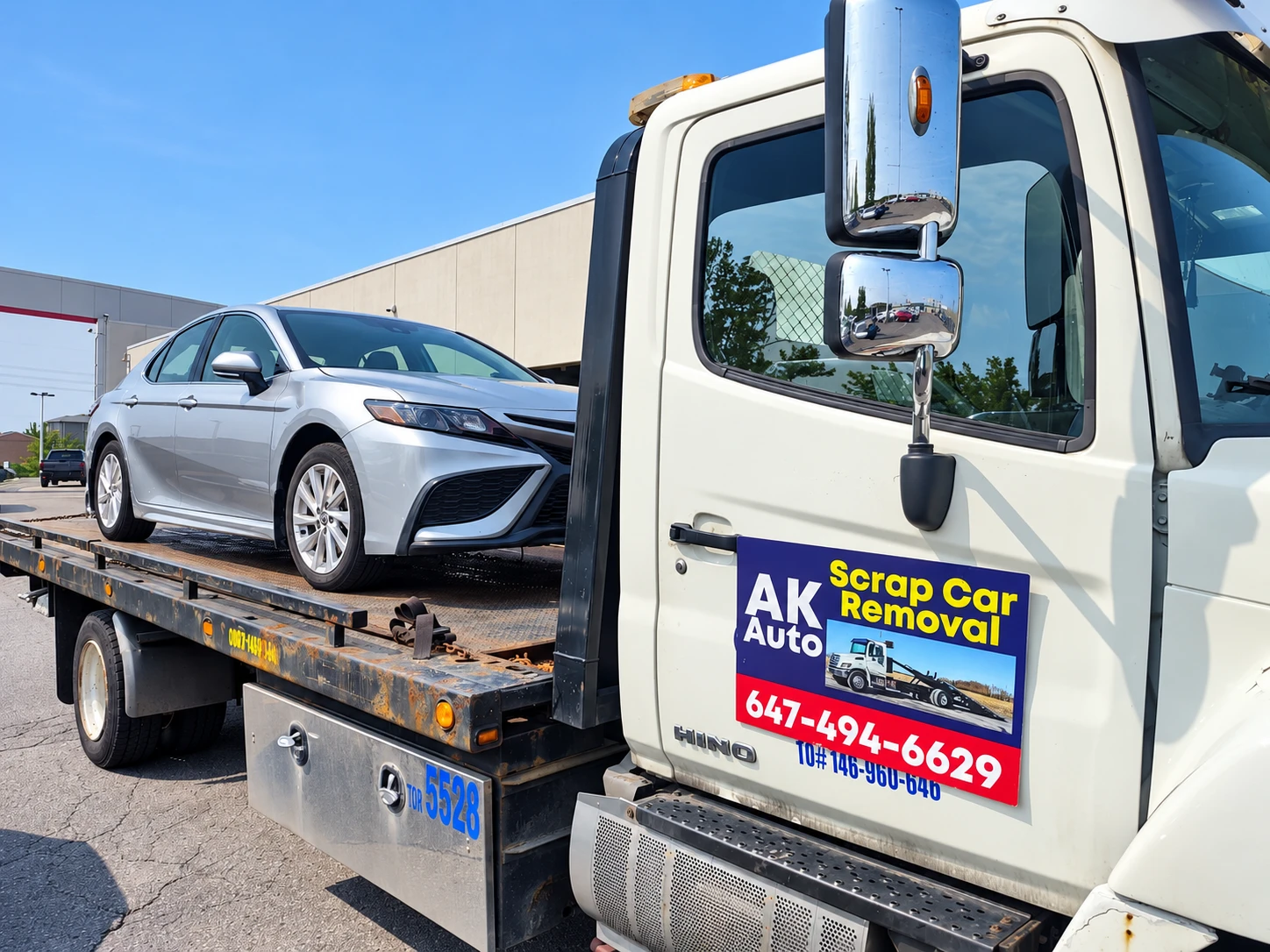 AK Auto flatbed tow truck transporting a vehicle or equipment